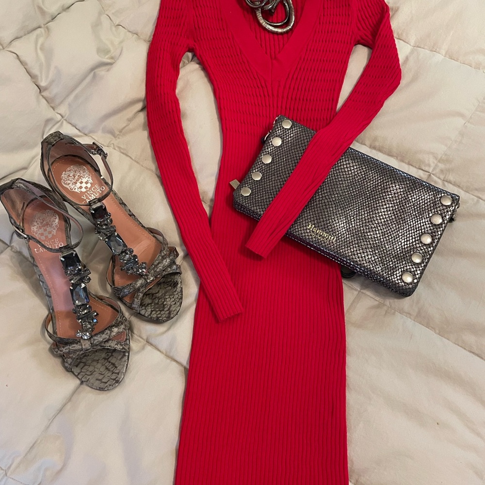 rag & bone Red Ribbed Knit V-Neck Long Sleeve Dress | XS (Fits 4–6)
